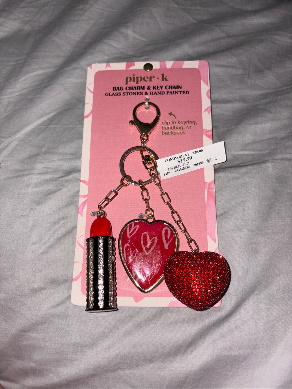 Piper Pink and Red Heart & Lipstick Charm Key Chain